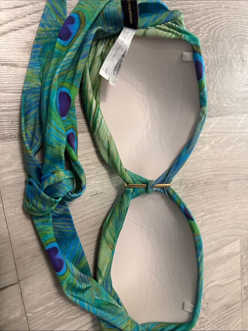 Green Peacock-Print Bandeau Bikini Top and Tie-Side Bottoms - Picture 5 of 5